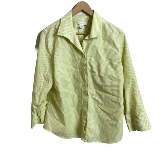 Chicos Women’s Sz 2 Large Lime Green White Stripe Button Down Blouse No Iron - Picture 1 of 5
